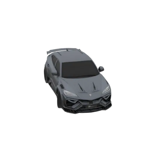 Ein 3D-Modell eines grauen, aggressiven Widebody-SUVs mit maßgeschneiderter Karosserie, von vorne im Dreiviertelblick.