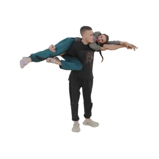 3D-Modell eines jungen Mannes, der eine Frau in "Reiter"-Pose trägt, beide lächelnd.