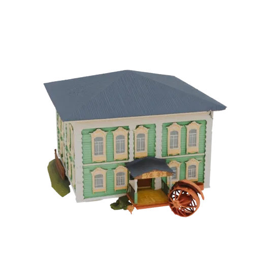 3D model of a traditional Russian wooden house with green shutters and a water wheel, set against a black background.