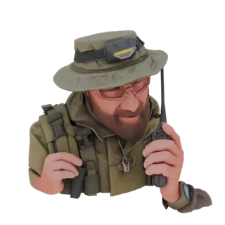 Modelo 3D de un explorador táctico con sombrero 'boonie' y radio, con equipo detallado y expresión decidida.