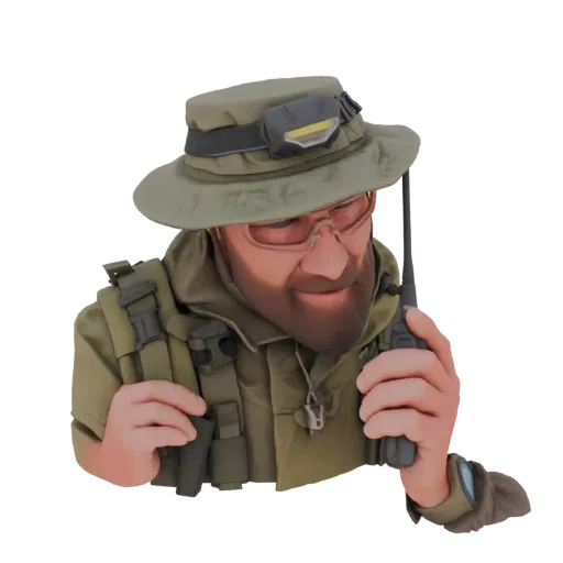 Modelo 3D de un explorador táctico con sombrero 'boonie' y radio, con equipo detallado y expresión decidida.