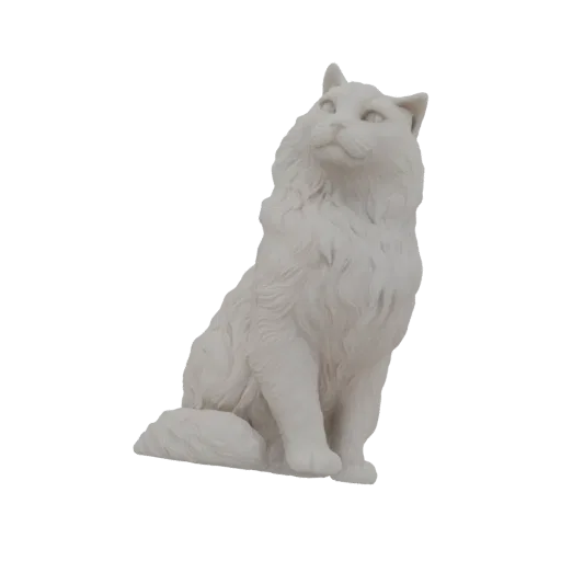 Ein detailliertes 3D-Modell einer flauschigen weißen Katzenskulptur, sitzend und nach oben blickend.