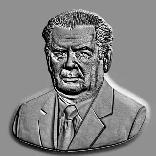 Modelo 3D de bajorrelieve de hombre con traje, estilo grabado, con rasgos faciales expresivos y ropa detallada.