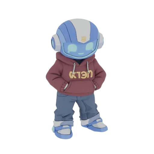 Modèle 3D d'un robot mignon à casque bleu portant une capuche bordeaux et un jean, mains dans les poches.