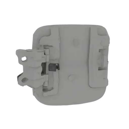 A 3D model of a gray fuel door hinge mechanism, showing the intricate details of the hinge and latch components.