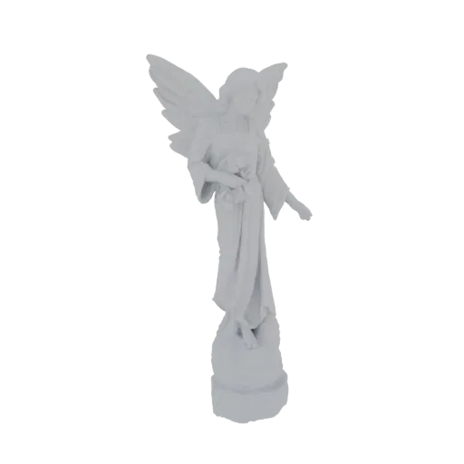 3D model of a white marble-style angel statue holding a bouquet of flowers, with wings spread and standing on a circular base