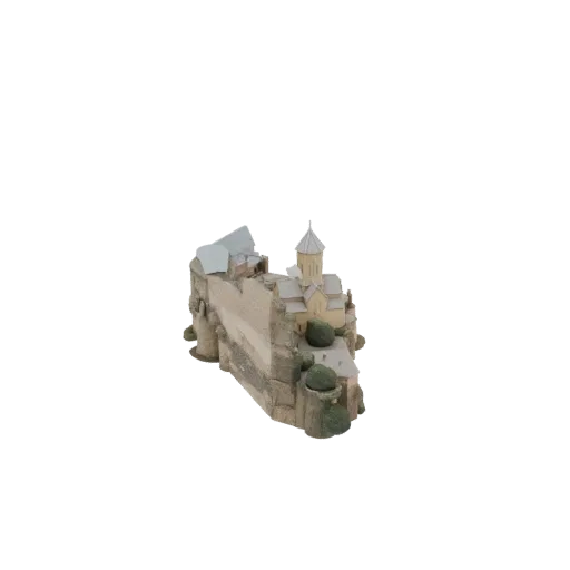 Modelo 3D de la Fortaleza Narikala, una ciudadela histórica de piedra con murallas y una iglesia en una colina empinada.