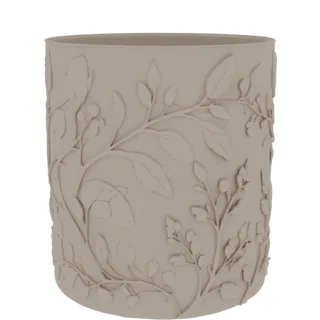 Modello 3D di un vaso cilindrico beige con motivi floreali in rilievo di foglie e bacche.
