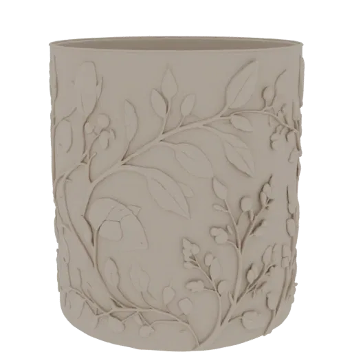 3D-Modell eines beigen zylindrischen Blumentopfs mit floralen Reliefmustern aus Blättern und Beeren.