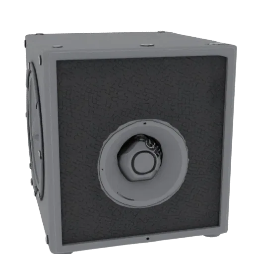 3D model of a cubic subwoofer with a round speaker and chrome trim on a black background