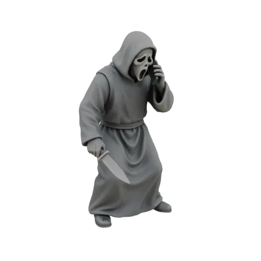 3D model of the Ghostface killer from Scream, holding a knife and a phone, rendered in gray.