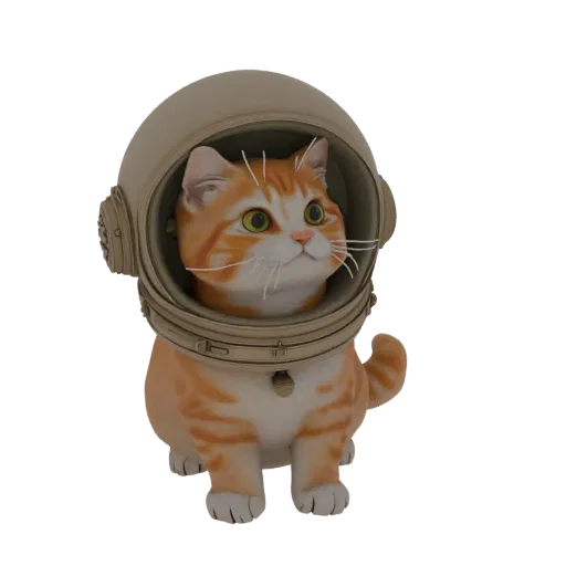 3D model render of a cute orange tabby cat wearing a detailed astronaut helmet, looking upwards with curiosity.