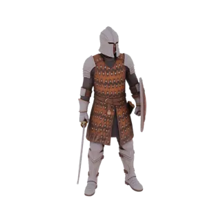 Maqueta 3D de un caballero medieval con armadura completa, sosteniendo espada y escudo, sobre fondo blanco.