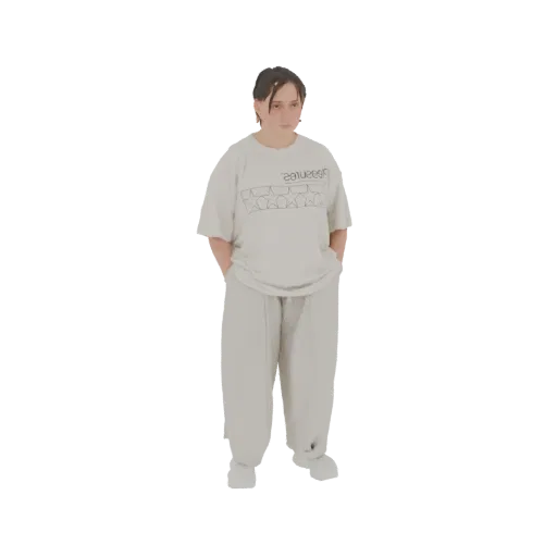 Modelo 3D de um jovem com t-shirt gráfica oversize e calças largas, em pé com as mãos nos bolsos.