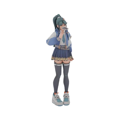 3D model of an anime schoolgirl in a blue uniform, holding a stack of money, with a ponytail and sneakers.
