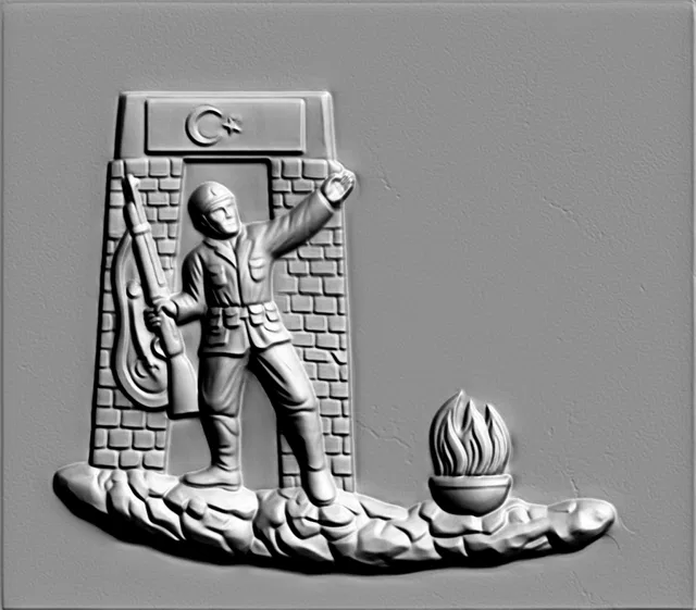 Modello 3D bassorilievo soldato turco con fucile presso monumento, con bandiera turca e torcia