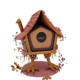 Modelo 3D de uma casa de pássaros caprichosa com telhado de telhas rosas, apoiada em pernas de galinha, adornada com flores r
