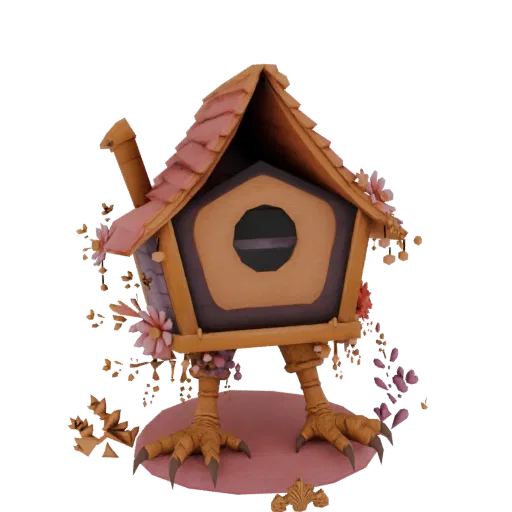 3D model of a whimsical birdhouse with a pink tiled roof, standing on chicken legs, adorned with pink and purple flowers.