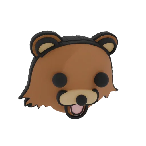 3D model of a cute, stylized brown bear head with black eyes and an open mouth showing a pink tongue.