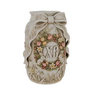 3D model of a cream-colored mason jar decorated for Easter with a floral wreath, bunnies, and a bow.