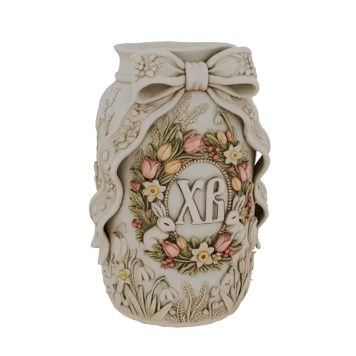 3D model of a cream-colored mason jar decorated for Easter with a floral wreath, bunnies, and a bow.