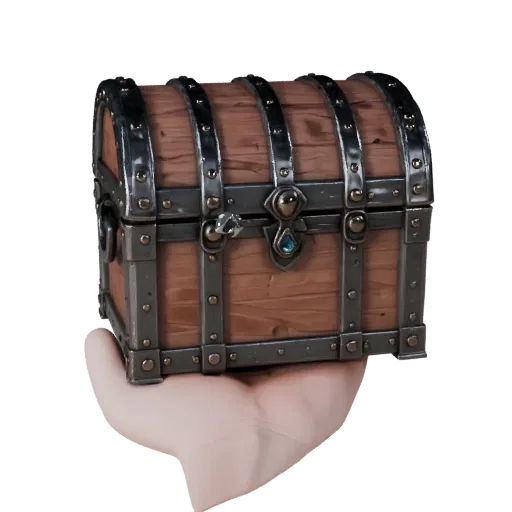 Modèle 3D réaliste Coffre au Trésor Fantastique, rendu studio trois-quarts, montrant bois vieilli, silhouette de ramassage cl