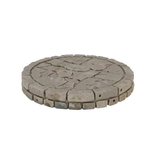 Modèle 3D socle rond pour figurines, surface supérieure recouverte de vieilles dalles de pierre fissurées.