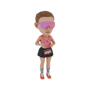 3D model of a female runner wearing a pink sports bra, black skirt, and pink sunglasses, with bib number 2125.
