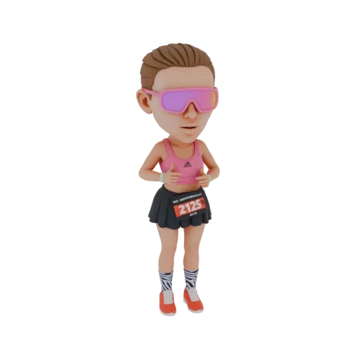 3D model of a female runner wearing a pink sports bra, black skirt, and pink sunglasses, with bib number 2125.