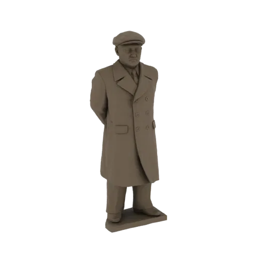 3D model render of a man in a brown coat and flat cap, standing with hands behind his back on a grey base.
