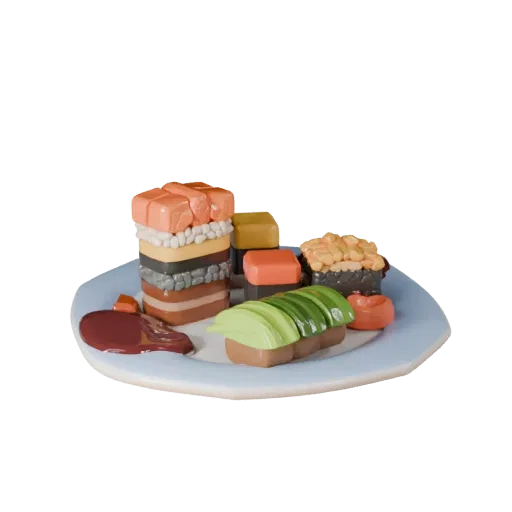 Homestyle Sushi Set 3D model, three-quarter front view, Unity viewport, showing sauces, plated composition.