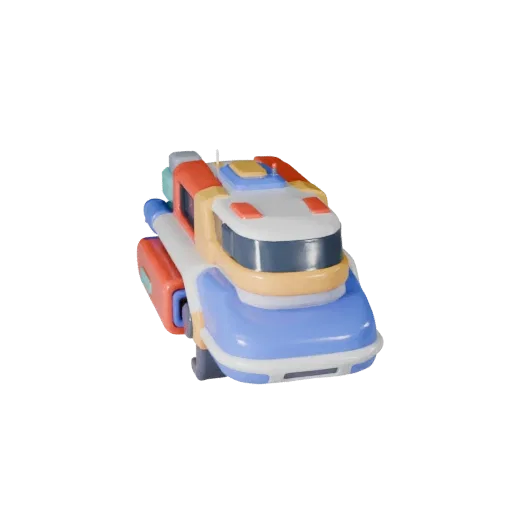 Modello 3D Camion Hover Cartone Animato, vista studio tre quarti, asset veicolo stilizzato con pannellature futuristiche, zon