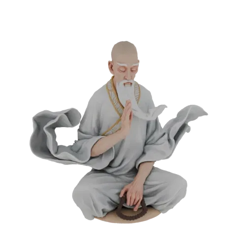 3D model of an elderly monk meditating in a lotus pose, wearing grey robes and holding prayer beads.