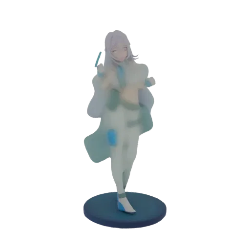 Modello 3D ragazza anime eterea con tratti traslucidi e capelli bianchi fluenti, su una base circolare blu.
