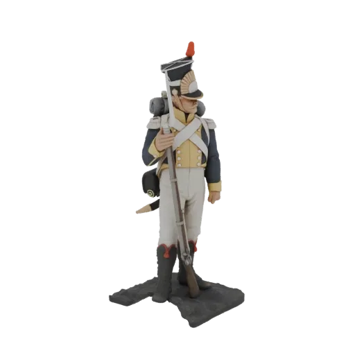 Modelo 3D de un soldado de la era napoleónica en posición de firmes, portando un mosquete, vistiendo uniforme azul y amarillo