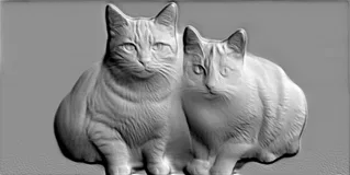 Modelo 3D de baixo-relevo com dois gatinhos sentados, em cor cinza, com alto detalhe do pelo e dos focinhos.