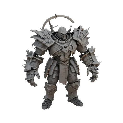3D-Modell eines Titanenritters in massiver, detaillierter Rüstung mit Rückengestell, stehend auf weißem Hintergrund