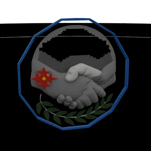 3D render of an octagonal emblem with a blue border, showing shaking hands, a red starburst emblem, and a green laurel wreath