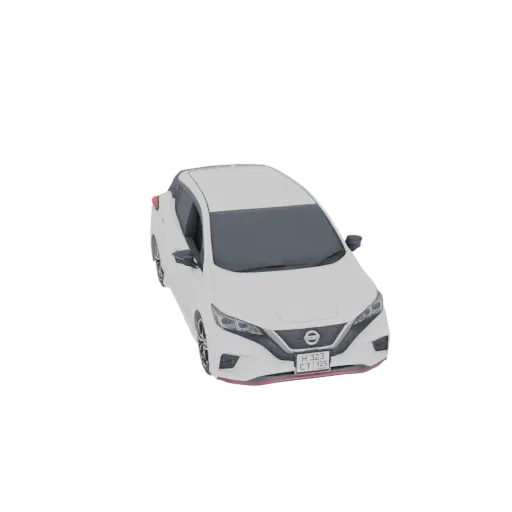 3D model of a white Nissan Leaf electric car, viewed from a slightly elevated front-right angle.
