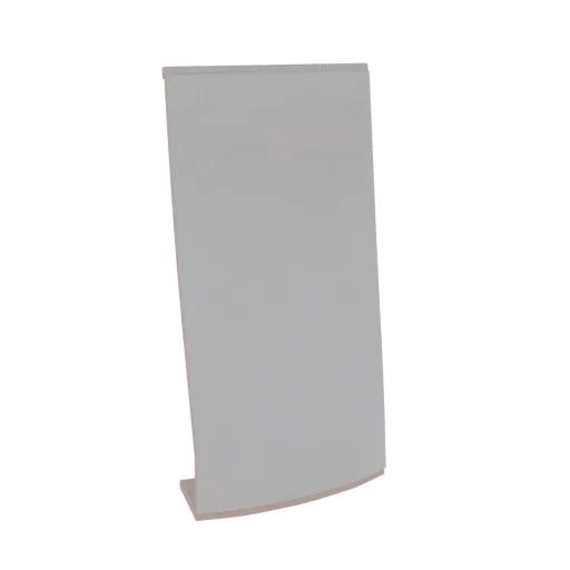 Un rendering 3D di un elegante supporto espositivo curvo bianco dal design minimalista, su sfondo bianco.