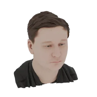 3D model of a young man with short brown hair, looking down, wearing a black t-shirt.