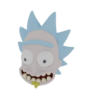 Modello 3D di Rick Sanchez da Rick and Morty, con capelli blu a punta, occhi spalancati e una grande pozza di bava che esce d