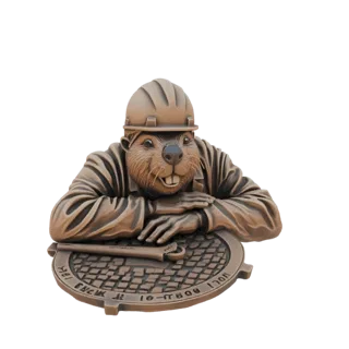 Modelo 3D de castor de bronze com capacete, apoiado em tampa de bueiro, com chave inglesa sobre a tampa.
