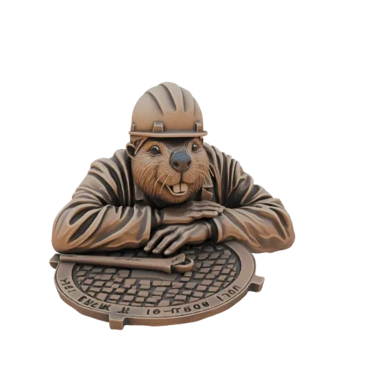 Modelo 3D de castor de bronze com capacete, apoiado em tampa de bueiro, com chave inglesa sobre a tampa.