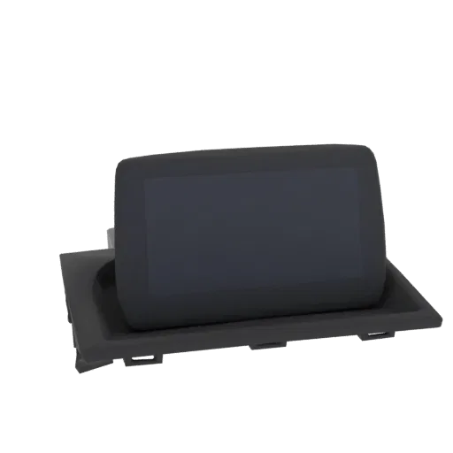 Modelo 3D de la unidad de pantalla de radio y navegación del Mazda MX-5 IV ND, mostrando la pantalla oscura y el bisel negro.