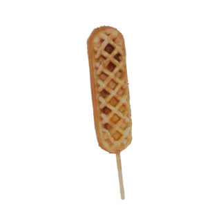 A 3D model of a waffle corn dog on a stick, with a golden-brown waffle batter exterior and a visible lattice pattern.