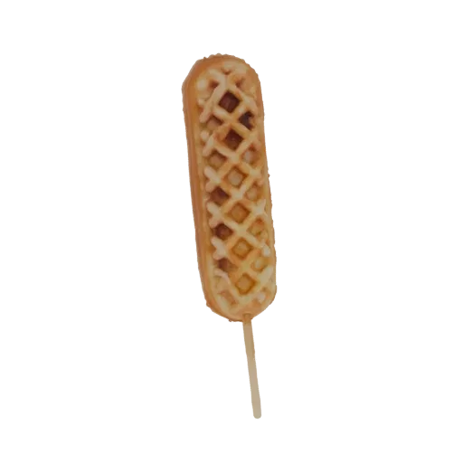 مجسم ثلاثي الأبعاد لوافل كورن دوج على عصا، مع واجهة خارجية من خليط وافل ذهبي بني ونمط شبكي واضح.