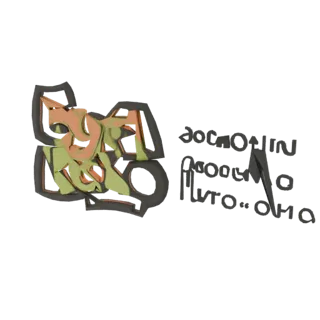 Modelo 3D de um logo graffiti com letras estilizadas em laranja e verde, acompanhado por texto cirílico à direita, sobre um f