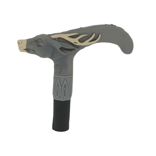 3D model of a grey dragon head cane handle with golden antlers and a decorative band, set against a black background.