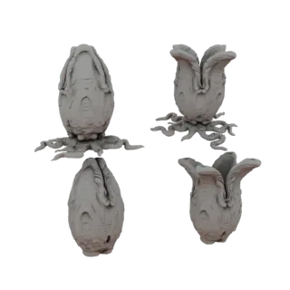 Una renderización 3D de una cápsula de huevo alienígena gris con múltiples tentáculos emergiendo de su base, sobre un fondo b